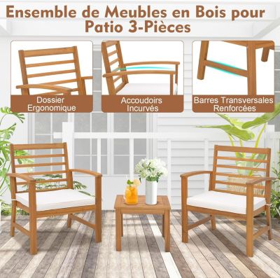 3Pcs Salon de Jardin 2 Personnes en Bois d'Acacia Table et 2 Chaises Jardin avec Coussins Ensemble de Mobilier de Salon