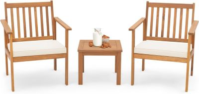 3Pcs Salon de Jardin en Bois d'Acacia Table et 2 Chaises Jardin avec Coussins Ensemble de Mobilier de Salon de Bistrot 2 Places