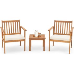 3Pcs Salon de Jardin en Bois d'Acacia Table et 2 Chaises Jardin avec Coussins Ensemble de Mobilier de Salon de Bistrot 2 Places