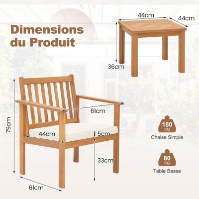 3Pcs Salon de Jardin en Bois d'Acacia Table et 2 Chaises Jardin avec Coussins Ensemble de Mobilier de Salon de Bistrot 2 Places