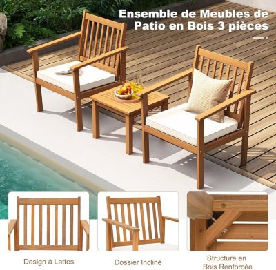 3Pcs Salon de Jardin en Bois d'Acacia Table et 2 Chaises Jardin avec Coussins Ensemble de Mobilier de Salon de Bistrot 2 Places