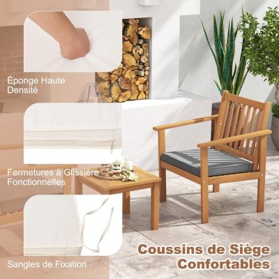 3Pcs Salon de Jardin en Bois d'Acacia Table et 2 Chaises Jardin avec Coussins Ensemble de Mobilier de Salon de Bistrot 2 Places