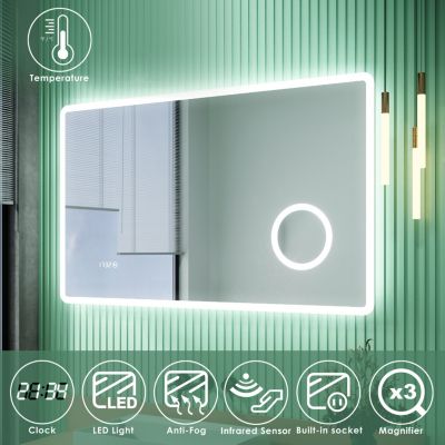 3X Loupe Miroir de Salle de Bain LED 100x60cm avec Prise pour, Affichage de L'heure et Fonction Anti-buée SIRHONA Miroirs LED