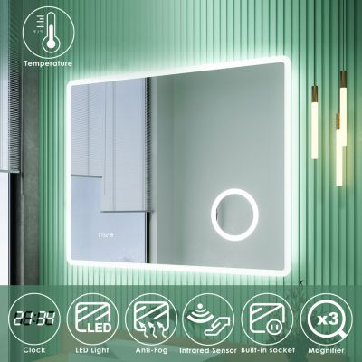 3X Loupe Miroir de Salle de Bain LED 90x70cm avec Prise pour, Affichage de L'heure et Fonction Anti-buée SIRHONA Miroirs LED