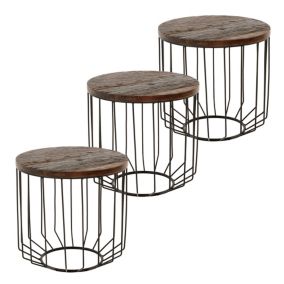 3x Table d'appoint bois massif ancien avec cadre métallique  50 cm WOMO-DESIGN