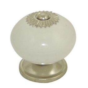 4 boutons de meuble porcelaine/ métal blanc 4 x 4,1 cm