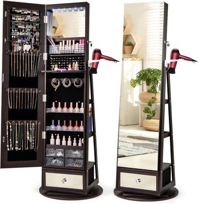 4 en 1 Armoire à Bijoux sur Pied,Pivotante,Lumière LED,Support pour Sèche-Cheveux,Coiffeuse,Miroir Pleine Longueur(Marron Foncé)