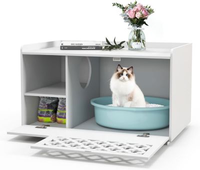 4 en 1 Maison de Toilette pour Chat avec Ouverture Rabattable, Coussin Amovible, Salon, 61 x 44,5 x 42CM, Blanc