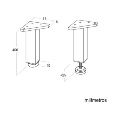 4 un. Pied carré pour table en aluminium 40x40mm hauteur 400mm inox mat avec régulateur de nivellement
