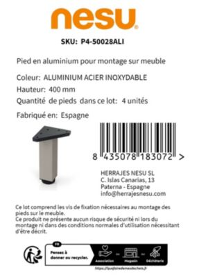 4 un. Pied carré pour table en aluminium 40x40mm hauteur 400mm inox mat avec régulateur de nivellement