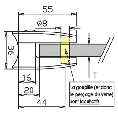 4 x Pince à verre plate modèle 06 - Ep. verre 8,76 mm - Zamak aspect inox brossé
