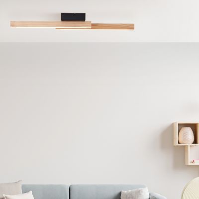 Plafonnier LED intégrée Arion métal noir et bois beige blanc chaud 14W 1500 lm IP20 L.62 x H.12 x P.