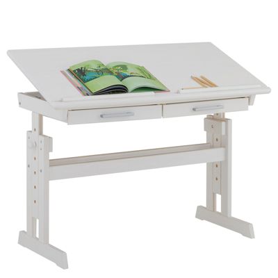 Bureau enfant écolier junior OLIVIA table à dessin réglable en hauteur et pupitre inclinable avec 2 tiroirs en pin massif blanc