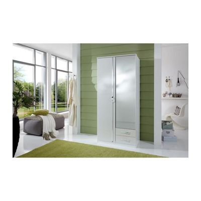 Armoire 2 portes 1 miroir + 2 tiroirs - Decor blanc - L 91 x P 56 x H 199 cm - TRIO