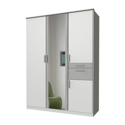 Armoire de chambre - VOLOS - Blanc / Béton gris clair - 4 portes - 1 porte miroir - 2 tiroirs - 135 x 58 x 199 cm