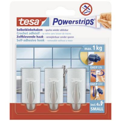 Crochet petit tesa Powerstrips 57544 00010 20 finition chrome maintien jusqu'à 1 kg pack de 3 crochets