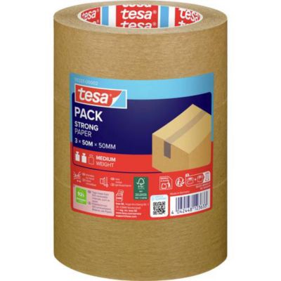 Ruban adhésif d'emballage Tesapack Paper ecoLogo 50 mm x 50 lot de 3 bobines
