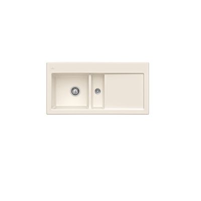 Evier 1 cuve et demi VILLEROY ET BOCH Subway 60 100 x 51 cm egouttoir a droite Creme CeramicPlus avec vidage manuel