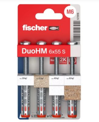Cheville DuoHM 6x55 pour matériaux creux - douille métal et corps nylon - vis TX incluse