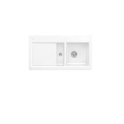 Evier 1 cuve et demi VILLEROY ET BOCH Subway 60 100 x 51 cm egouttoir a gauche Snow CeramicPlus avec vidage automatique