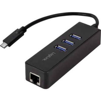 Adaptateur USB-C vers Ethernet Gigabit et hub 3x USB 3.0, câble intégré 14 cm, noir