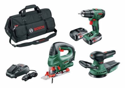 Lot de 3 outils sans fil Bosch  perceuse - Scie sauteuse sans fil - Ponceuse excentrique sans fil 18V