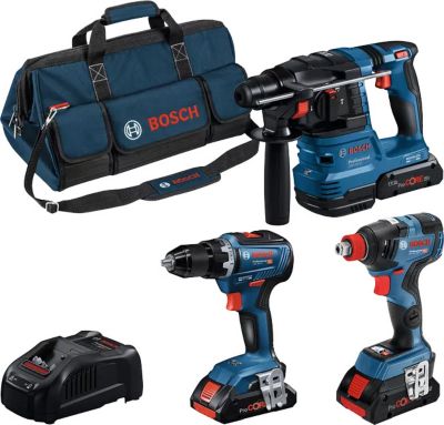 Bosch Professional 18V System combi kit : Perceuse visseuse GSR 18V 55 + boulonneuse GDX 18V 200 + perforateur GBH 18V 22 avec 3 batteries ProCORE 4 0 Ah chargeur GAL 1880 CV sacoche d’outils