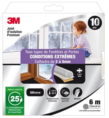 Joint adhésif porte et fenêtre conditions extrêmes 3M Premium 2 à 6 mm transparent L.6 m