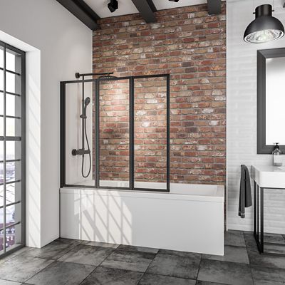 Pare-baignoire à  coller pivotant 3 volets pliables  127 x 140 cm  style verrière industrielle  verre transparent 3mm  profilé noir mat  Schulte Golf
