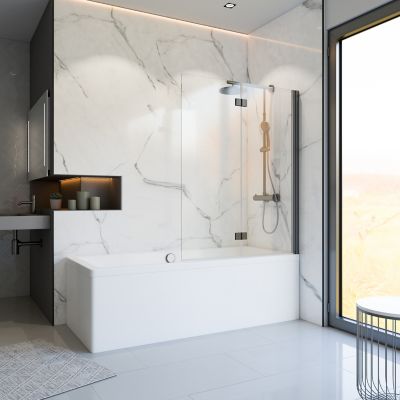 Pare-baignoire 140 x 112 cm x Ep.5 mm  Schulte  paroi de baignoire 2 volets pivotants  verre transparent  gun metal