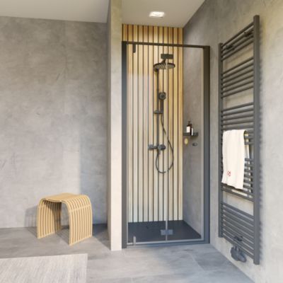Porte de douche pivotante pliante en niche gauche 80 x 200 cm  verre anticalcaire  profilé noir  Schulte Impériale Trend