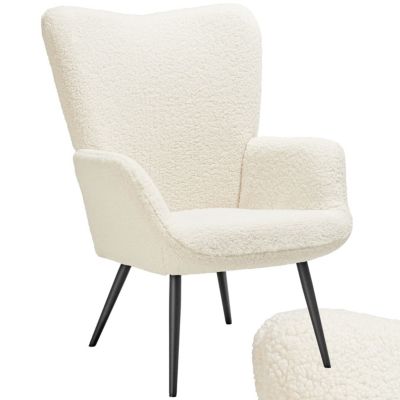 Fauteuil scandinave rembourré bouclette crème dossier ergonomique accoudoirs acier 72x76x100cm - vue 2