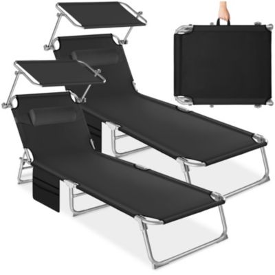 Lot de 2 chaises longues pliantes, dossier 4 positions, appui-tête amovible, polyester déperlant, acier noir, 68 x 190 cm