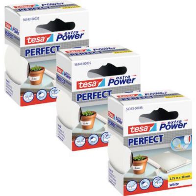tesa EXTRA POWER PERFECT 56343 00501 04 Lot de 3 rubans toile blancs 2 75 x 38 mm