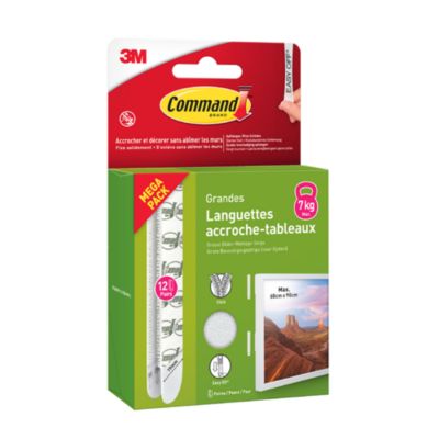 Languette adhésive accroche-tableaux grandes 3M Command max 7kg - 12 paires