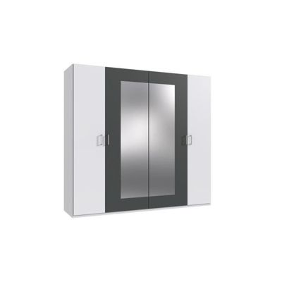 Armoire de chambre - RHODES - Blanc / Rechampis graphite - 4 portes - 2 miroirs - 225 x 58 x 208 cm