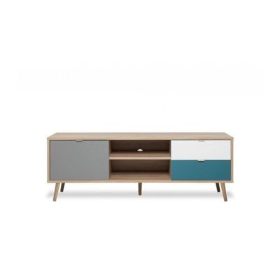 CUBA Meuble TV scandinave decor chene, gris, blanc et bleu petrole - L 150 cm