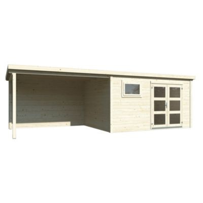 Abri de jardin White Wood Lya 2 bois naturel ép.28mm surface totale 12 5m² + pergola 10 4m²
