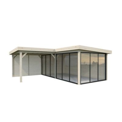 Abri / Studio de jardin Palmako Lenna "Set 414" bois naturel ép.28 mmsurface totale 19,7m² + pergola 9.8m² - Palmako