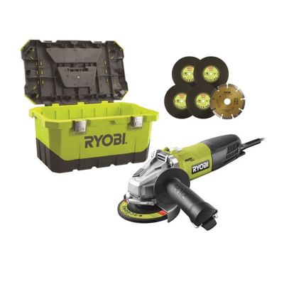 Meuleuse d'angle RYOBI 800W 125mm - 1 disque diamant - 5 disques a ébarber
