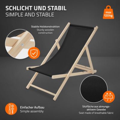 5 Chaise longue jardin pliable ECD Germany noir en bois jusqu'à 120 kg usage intérieur et extérieur