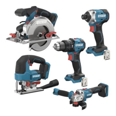5 outils électroportatifs sans fil Erbauer 18V + 2 batteries 4Ah incluses (perceuse, meuleuse, visseuse à choc, scie circulaire, scie sauteuse)