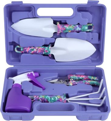 5 Pièces Outils de Jardinage avec Boîte de Rangement avec Transplantoirs Ciseaux Herse Anti-Rouille Pulvérisateur(Violet)