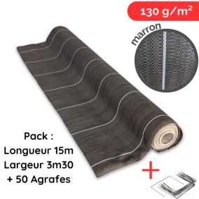 50 Agrafes avec Toile de paillage anti mauvaises herbes / Longueur 15m / Largeur 3,3m / Couleur Marron 130gr/m2 Grande Largeur