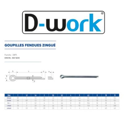 50 Goupilles Fendues D. 13 x 90 mm - DIN 94 - Zingué blanc - D-Work