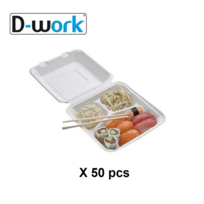 50 Lunch Box Boîtes Menu 3 Compartiments 229 x 229 x 44,8 mm en Pulpe de Canne Usage Unique - D-Work