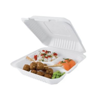 50 Lunch Box Boîtes Menu 3 Compartiments 229 x 229 x 44,8 mm en Pulpe de Canne Usage Unique - D-Work
