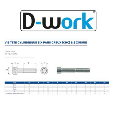 50 Vis Métaux Tête Cylindrique 6 Pans Creux CHC 10 x 65 mm - DIN 912 - 8.8 - Zingué blanc - D-Work