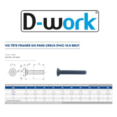 50 Vis Métaux Tête Fraisée 6 Pans Creux F/Total FHC 12 x 40 mm - 7991 - 10.9 - Brut - D-Work