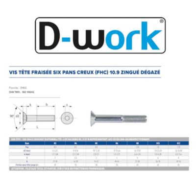50 Vis Métaux Tête Fraisée 6 Pans Creux F/Total FHC 12 x 80 mm - 7991 - 10.9 - Zingué blanc - D-Work